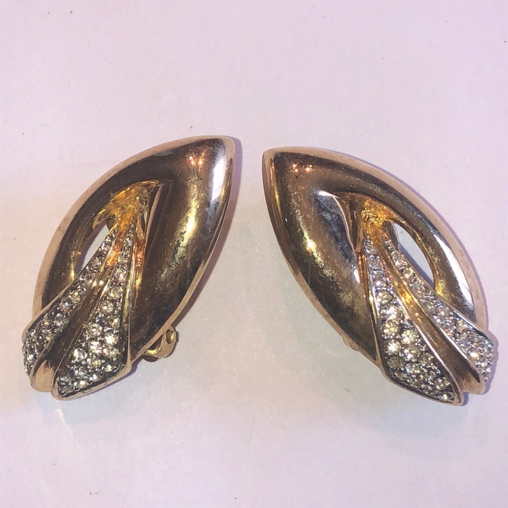 Piscitelli Elegant Vintage Gold Tone CZ Rhinestone Retro Clip On Earrings - Picture 2 of 6